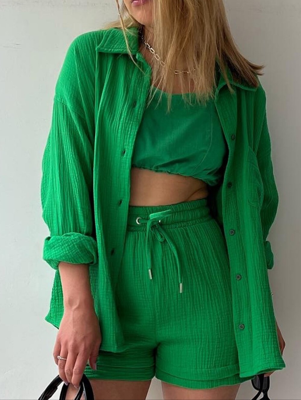 Joanna Button Up Shirt & Shorts Set - Deep Green
